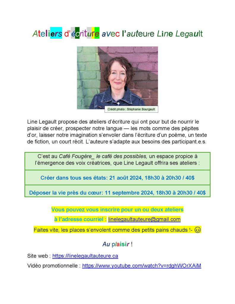 Atelier d'écriture offert par l'auteure Line Legault en août et septembre 2024 au Fougère, le Café des possibles, situé à Saint-Jérôme.
